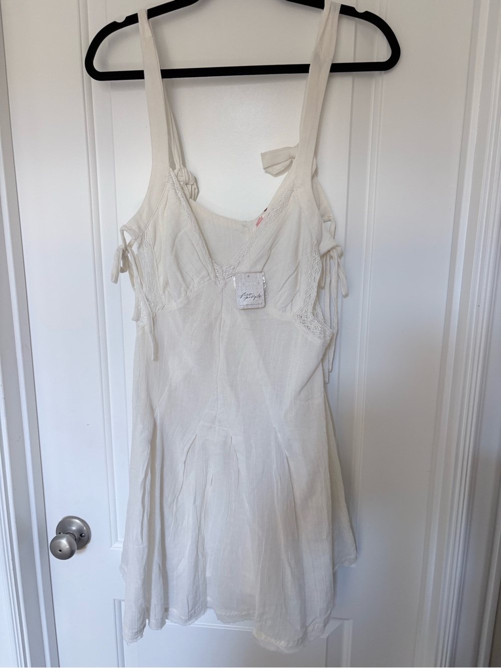 Free People Cream Lace-Trim Midi Slip Dress with Tie Details